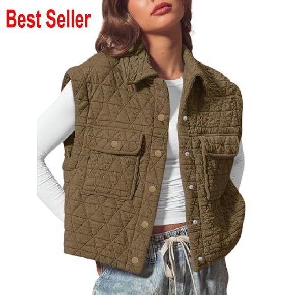 Quilted Puffer Vest Sleeveless Jacket Chic Minimal Button Down Outerwear - Picture 3 of 7